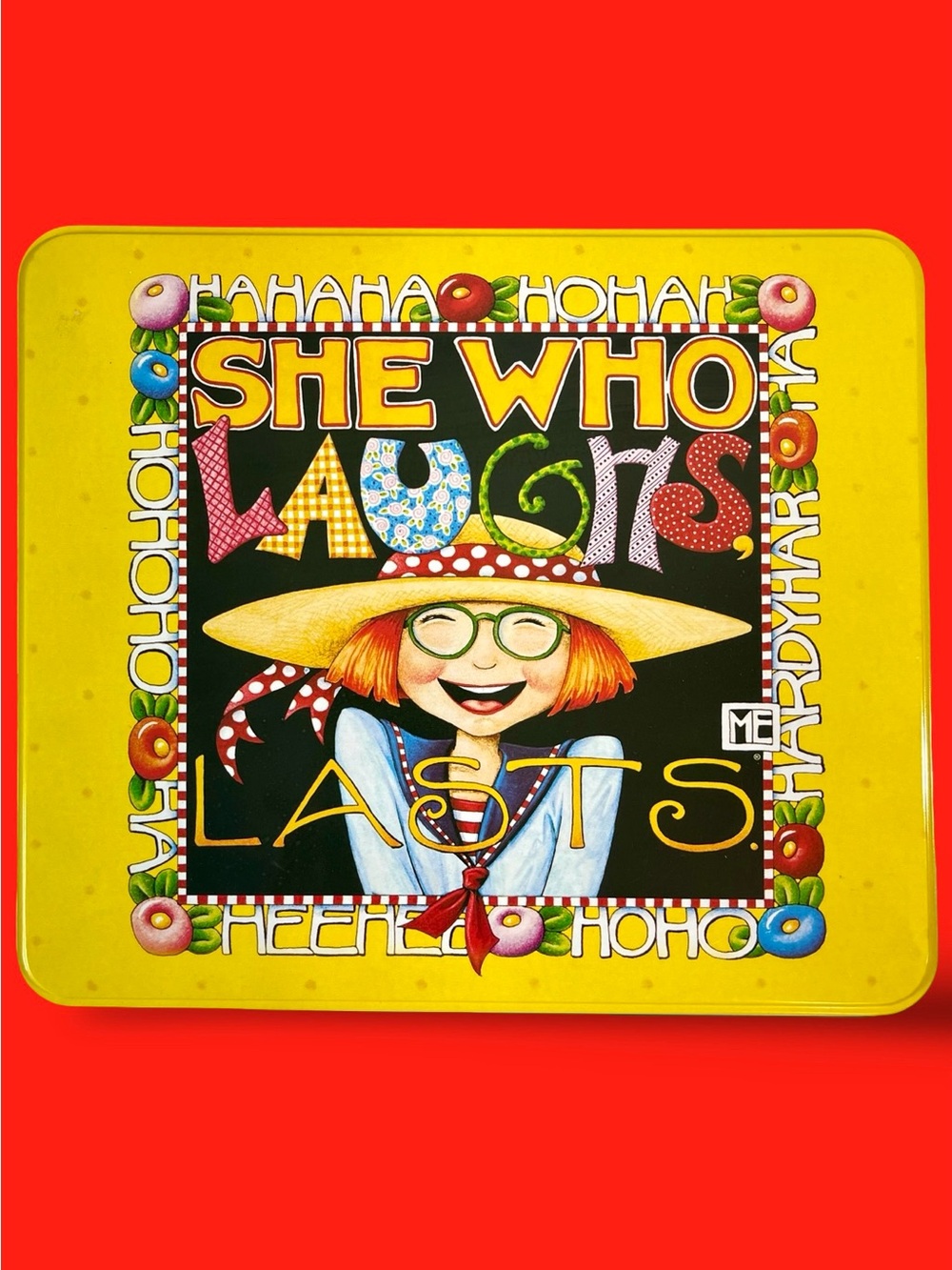 Vintage Mary Engelbreit Tin She Who Laughs Lasts JCPenney Exclusive Stationery